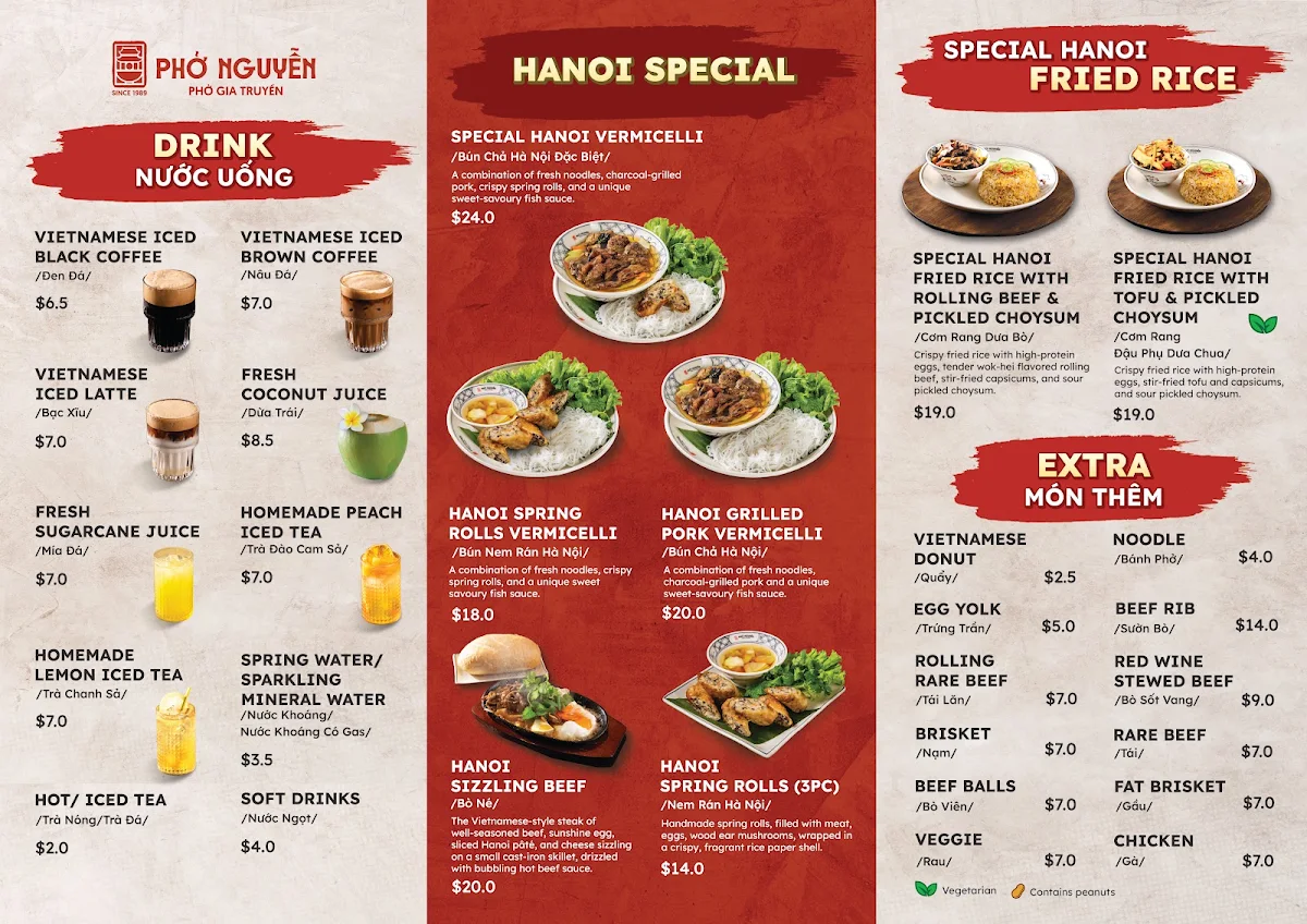 Menu, Phở Nguyễn WA