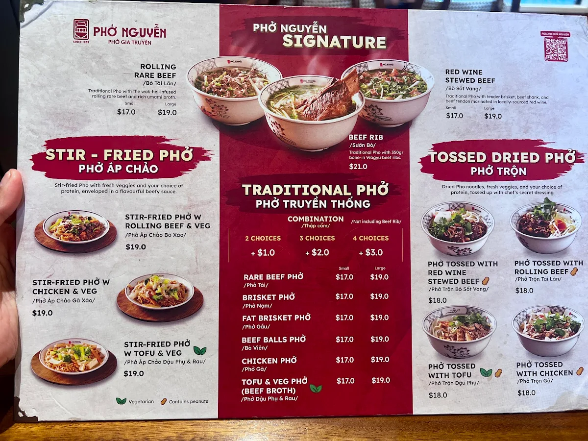 Menu, Phở Nguyễn WA