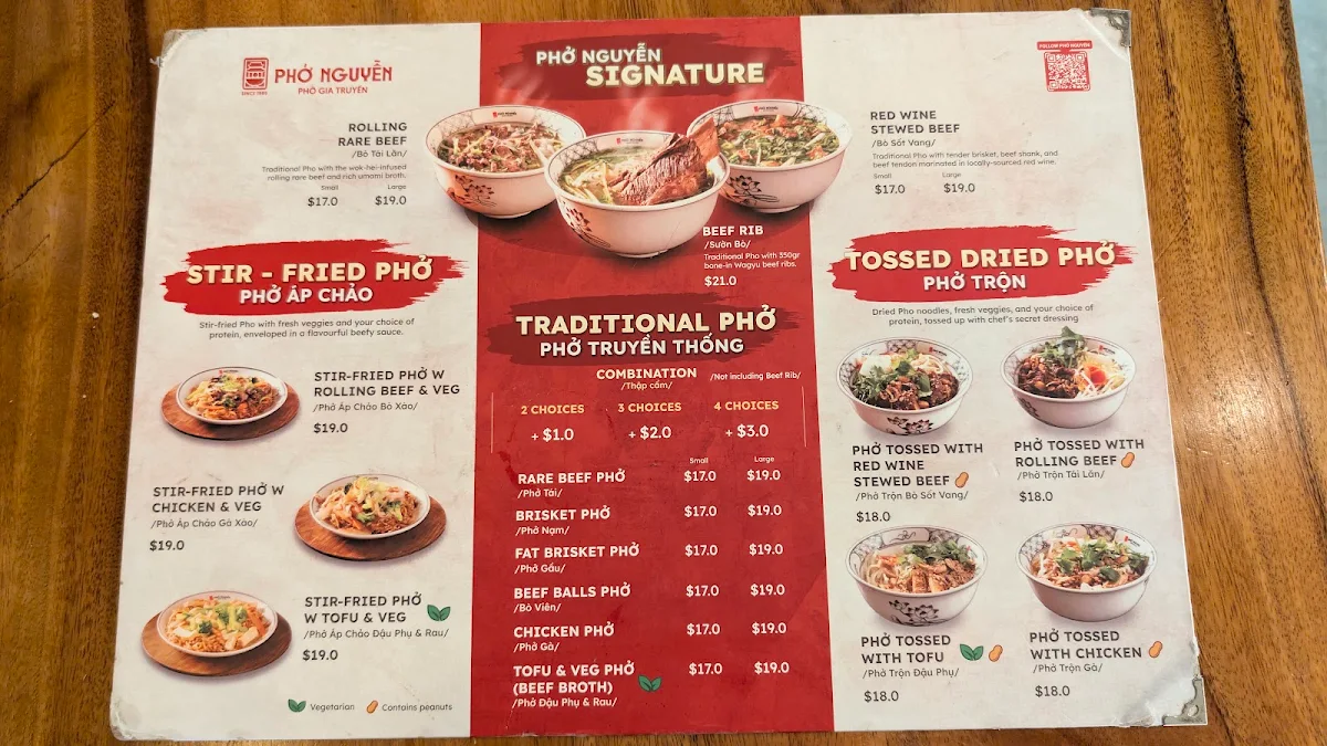 Menu, Phở Nguyễn WA