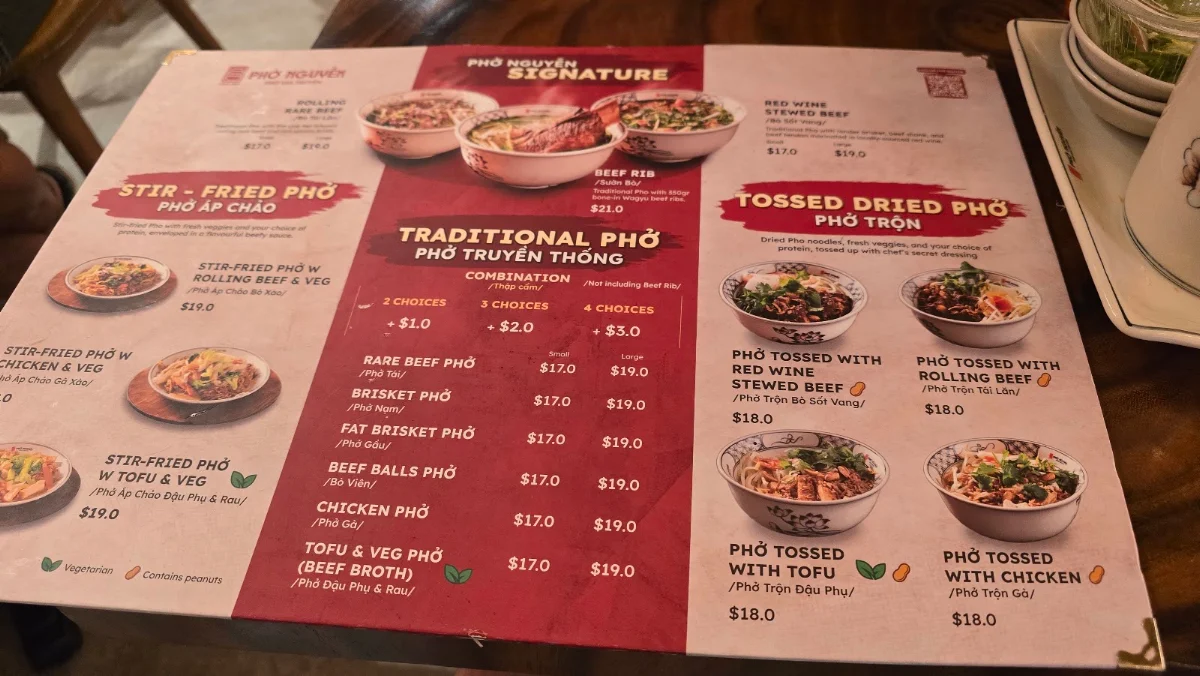 Menu, Phở Nguyễn WA