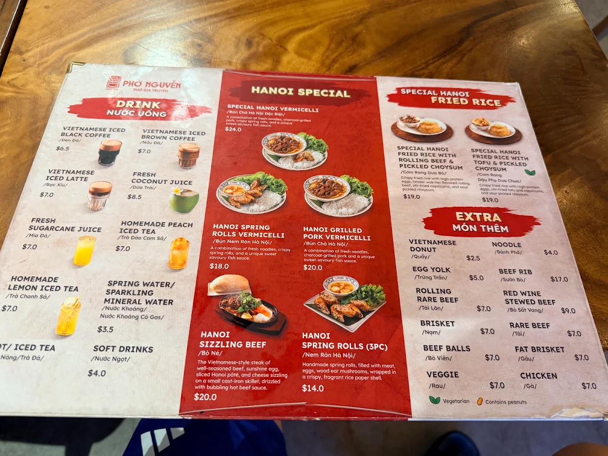 Menu, Phở Nguyễn WA