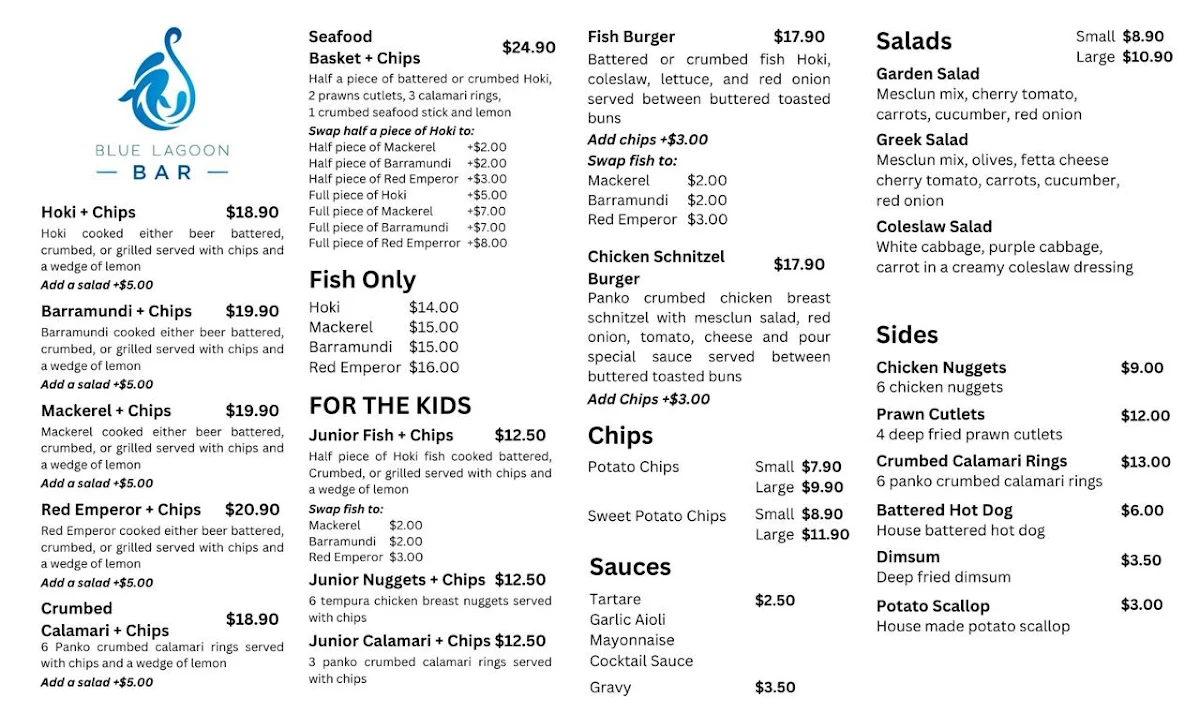 Menu, Blue Lagoon Bar