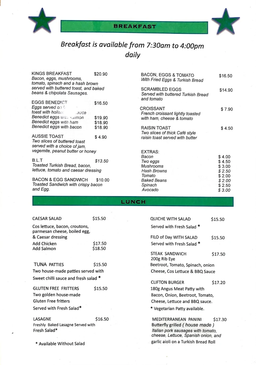 Menu, Cuppa@clifton