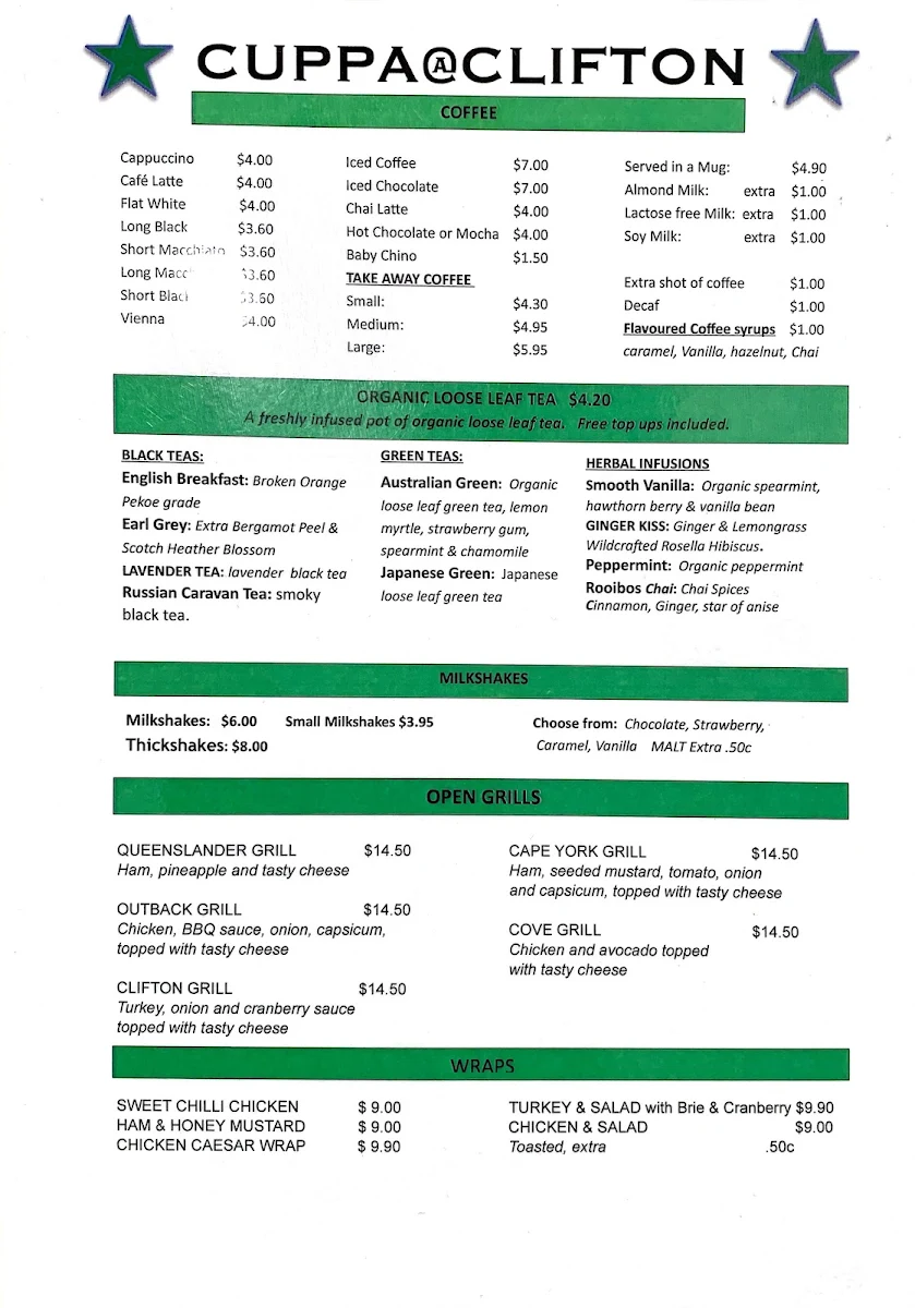 Menu, Cuppa@clifton