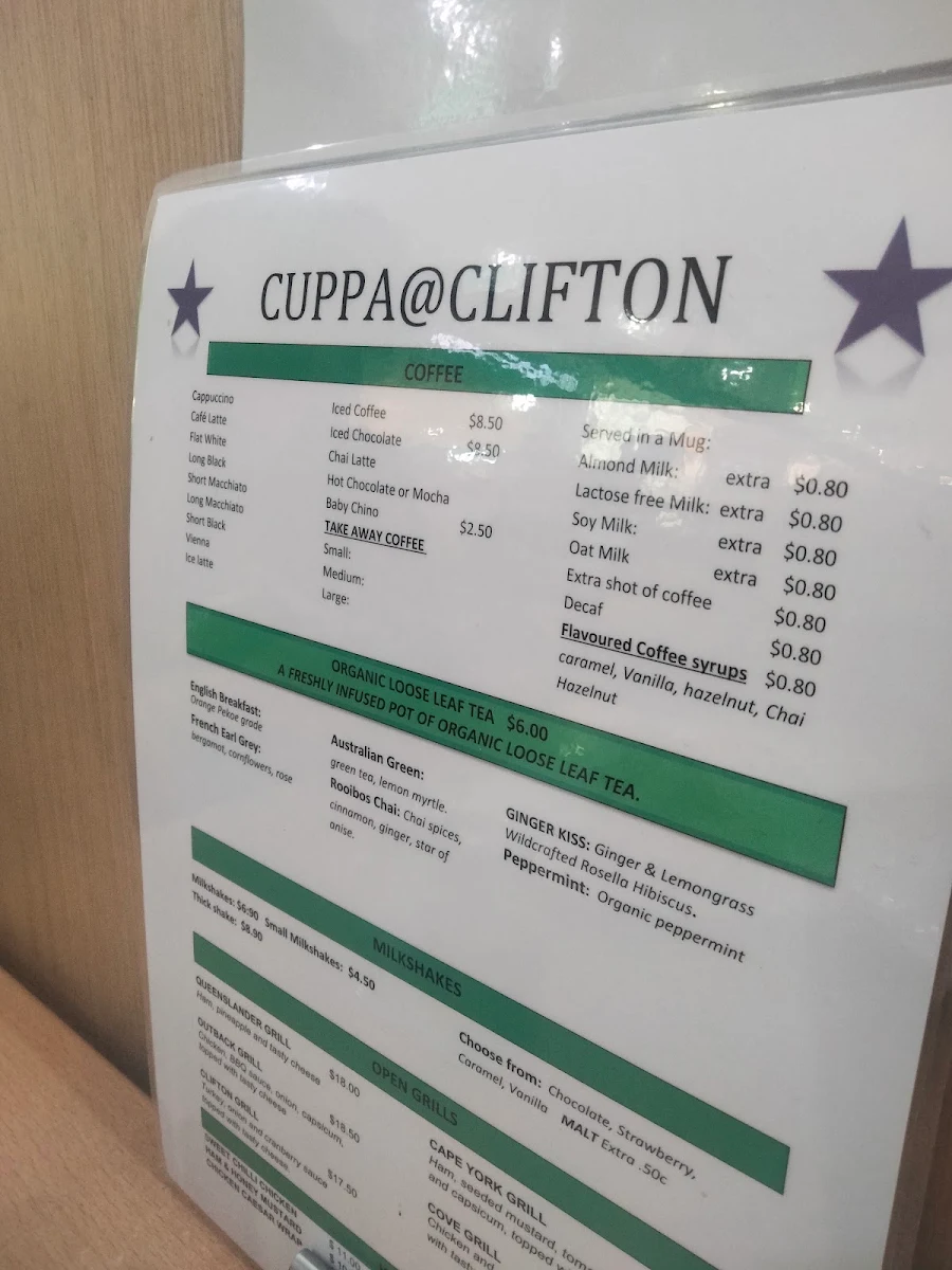 Menu, Cuppa@clifton