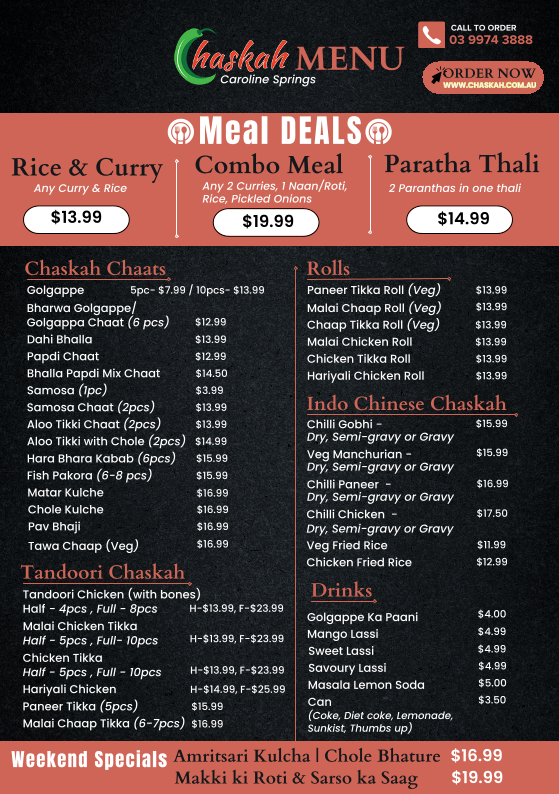 Menu, Chaskah Caroline Springs