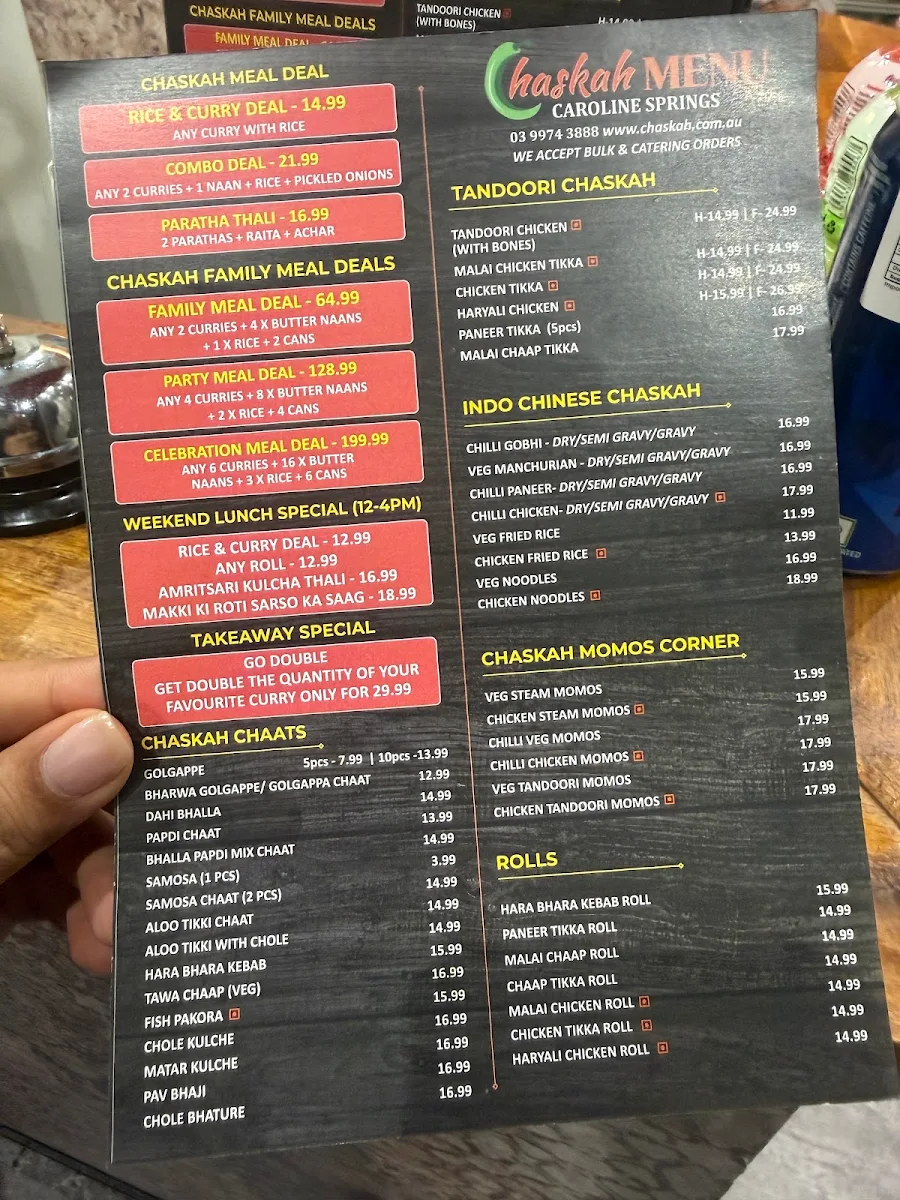 Menu, Chaskah Caroline Springs