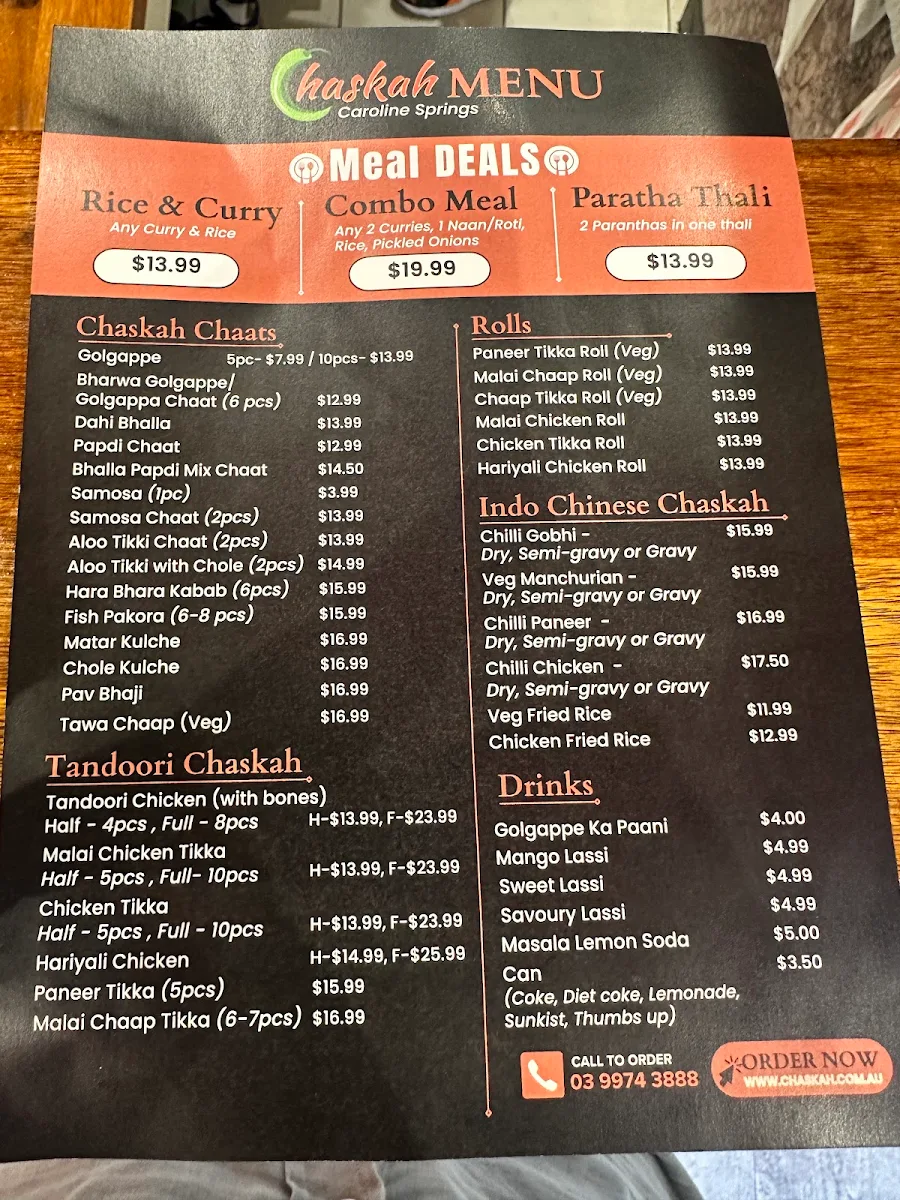 Menu, Chaskah Caroline Springs