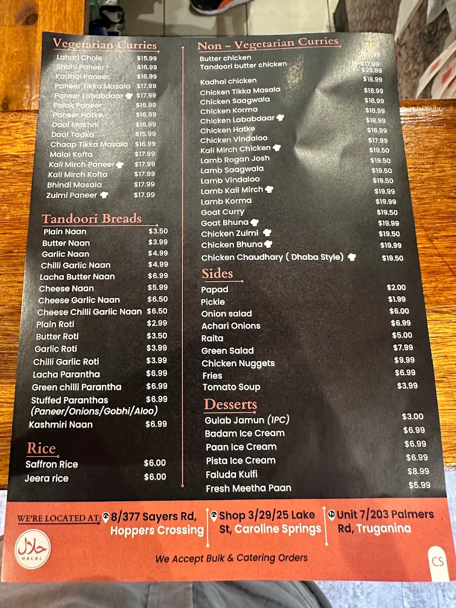 Menu, Chaskah Caroline Springs