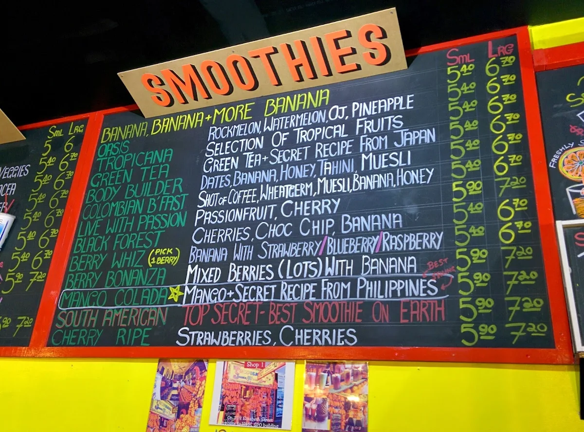Menu, Tropicana Juice Food Bar Swanston St