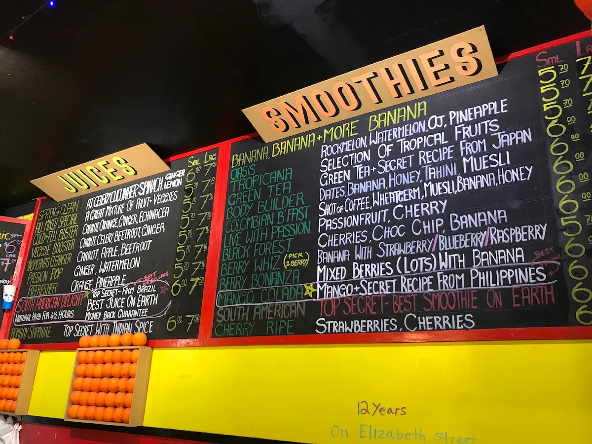 Menu, Tropicana Juice Food Bar Swanston St