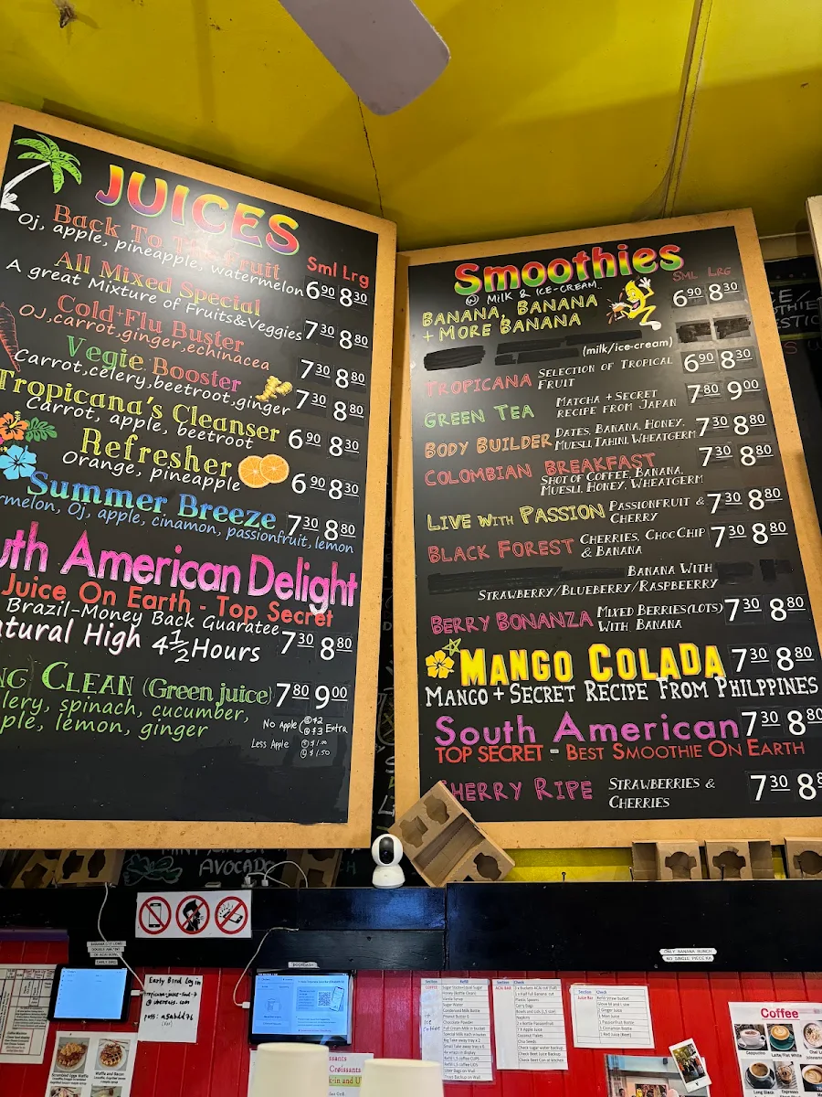 Menu, Tropicana Juice Food Bar Swanston St