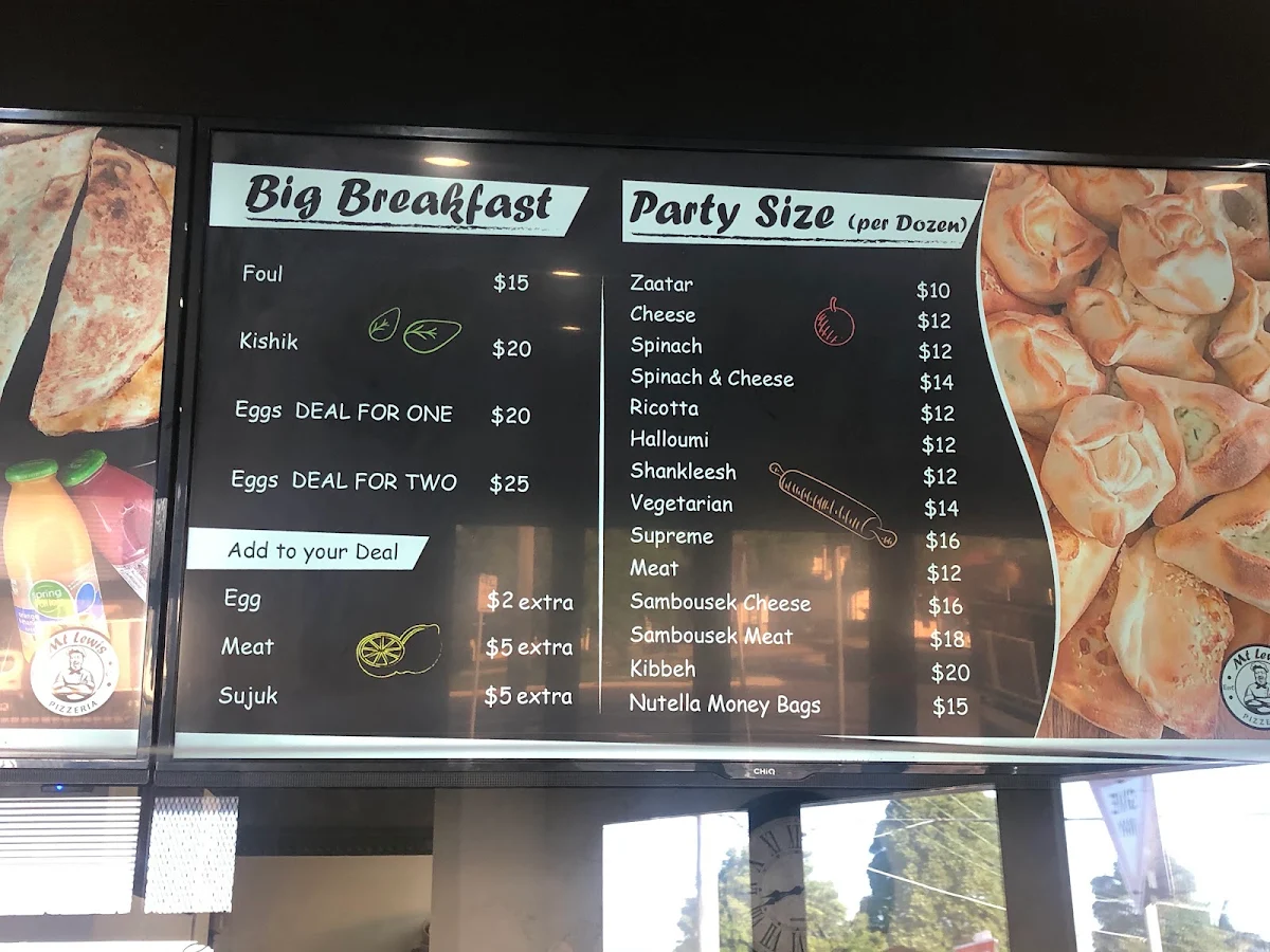 Menu, Lebanese Mt Lewis Pizzeria
