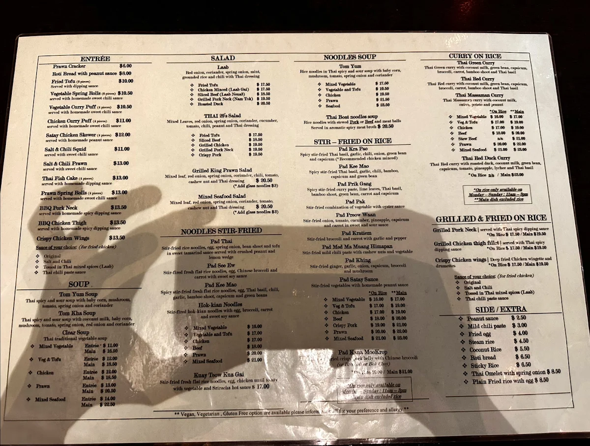 Menu, THAI 29 RESTAURANT