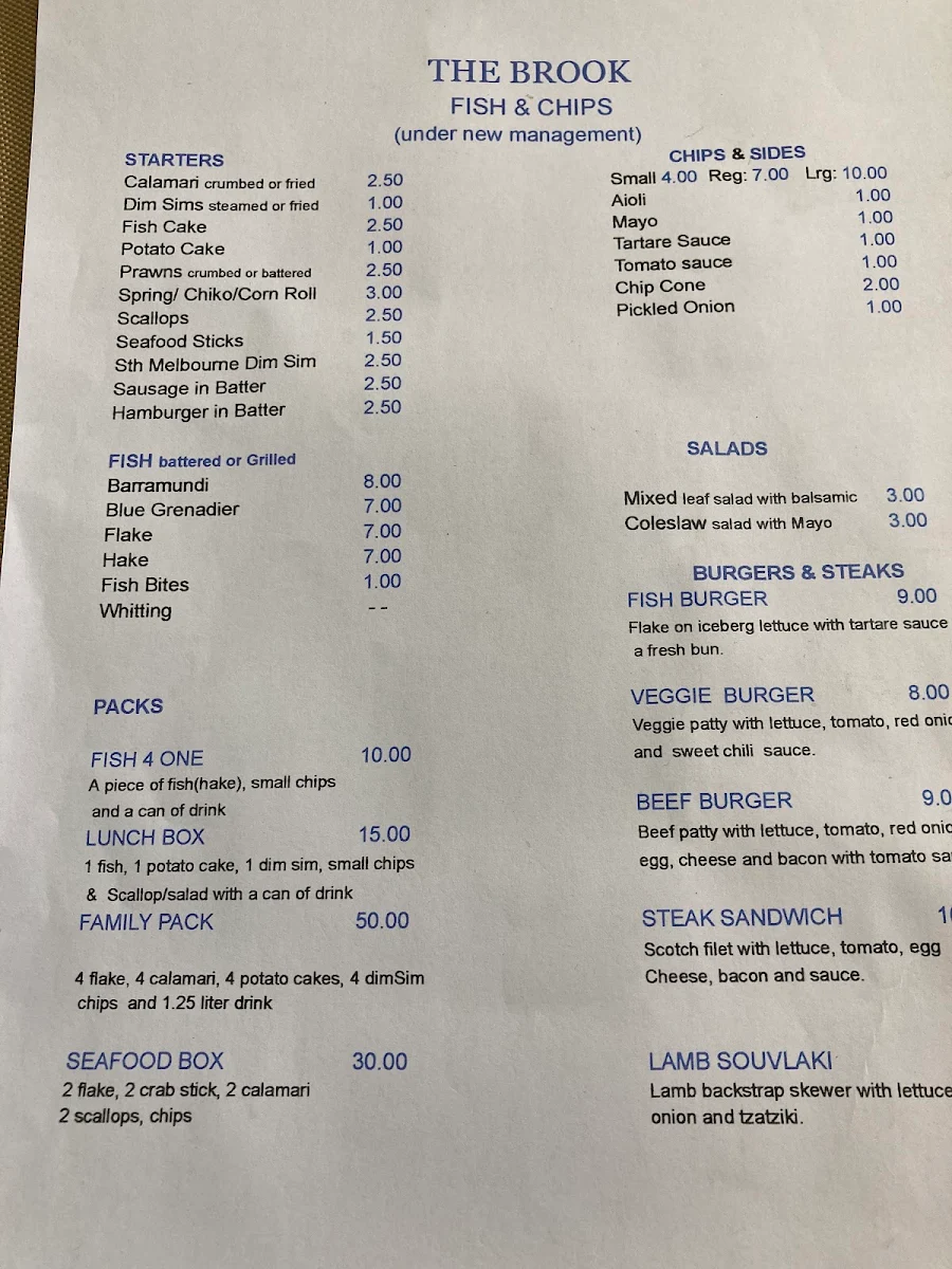 Menu, The Brook Fish n Chips