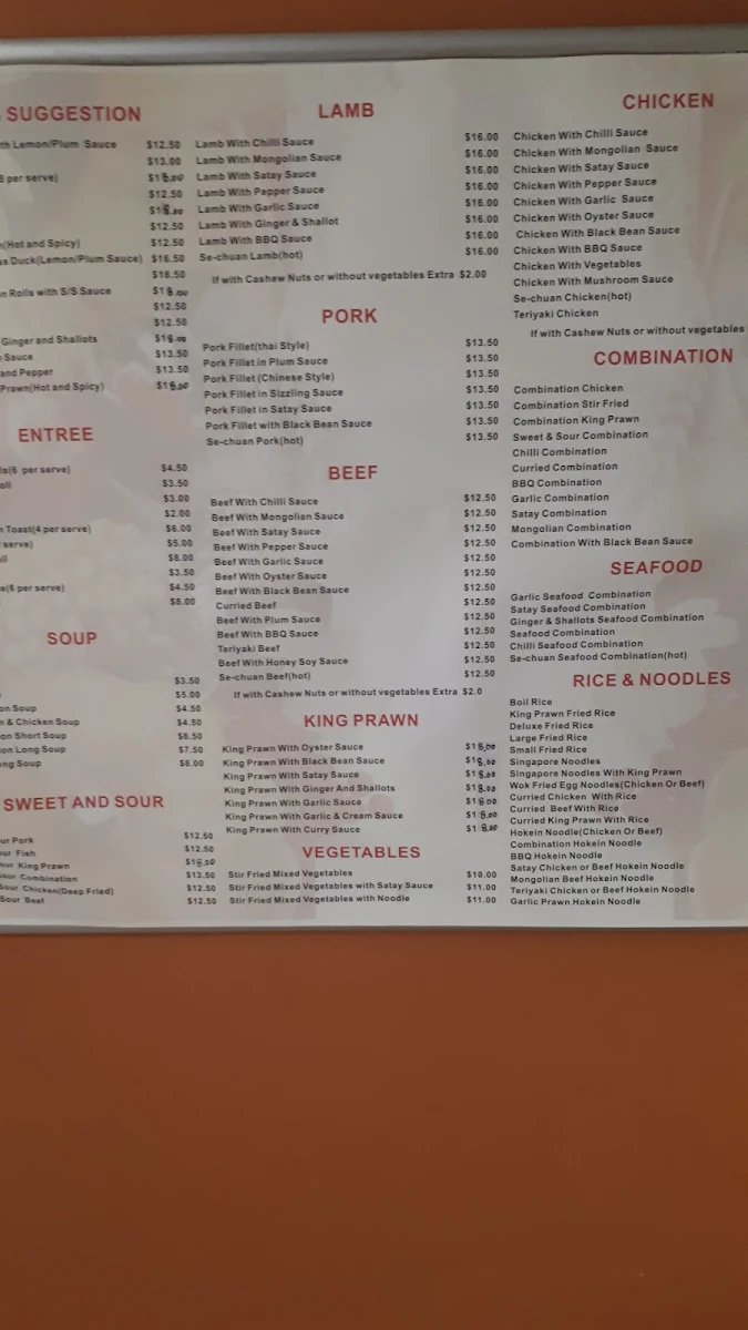 Menu, Beresfield Chinese Take Away