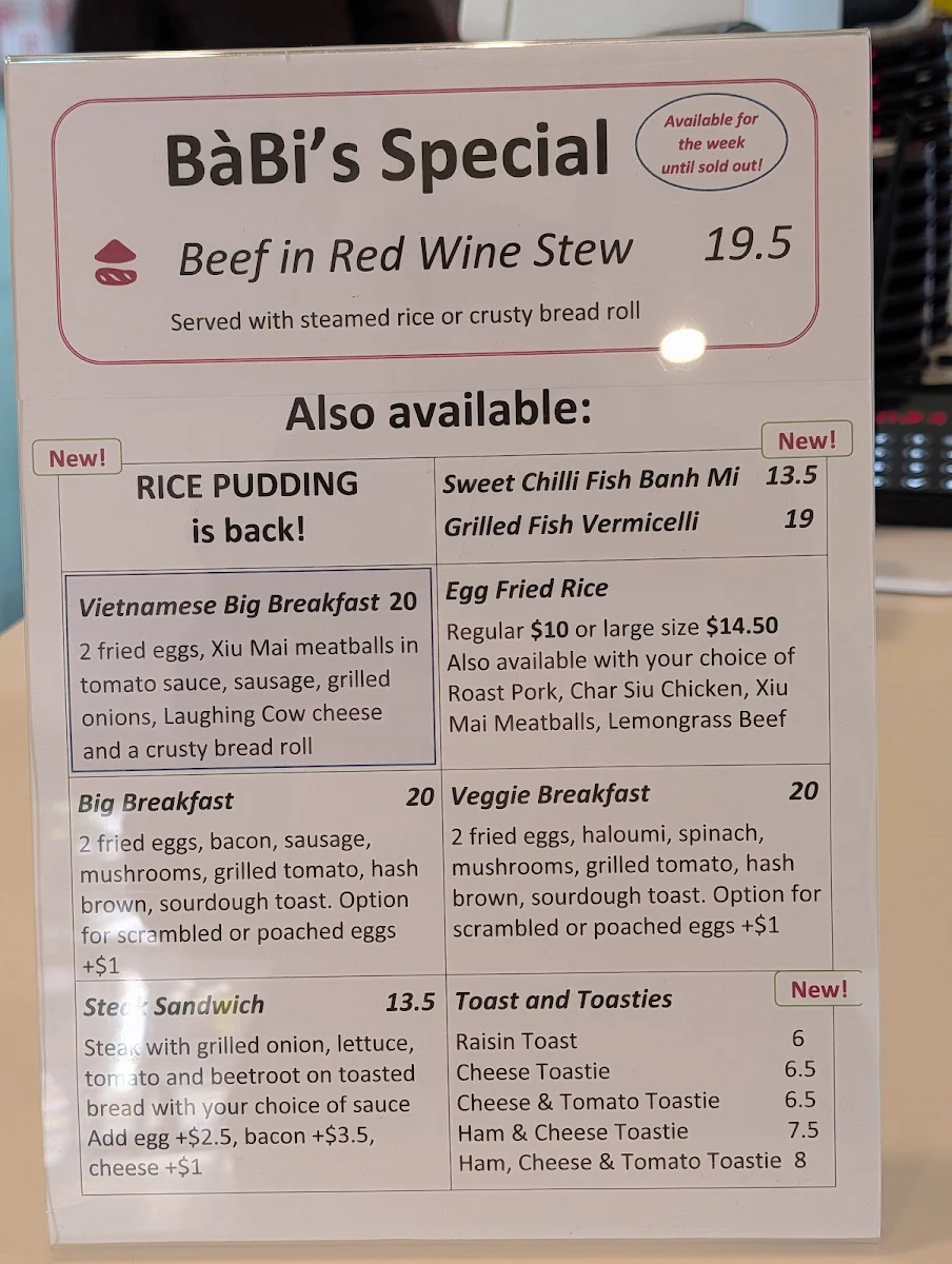 Menu, Babi’s Kitchen (formerly Cafe 10)