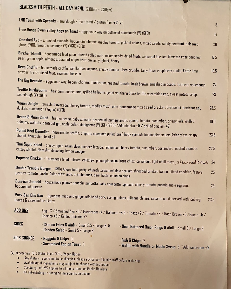 Menu, Blacksmith Highgate