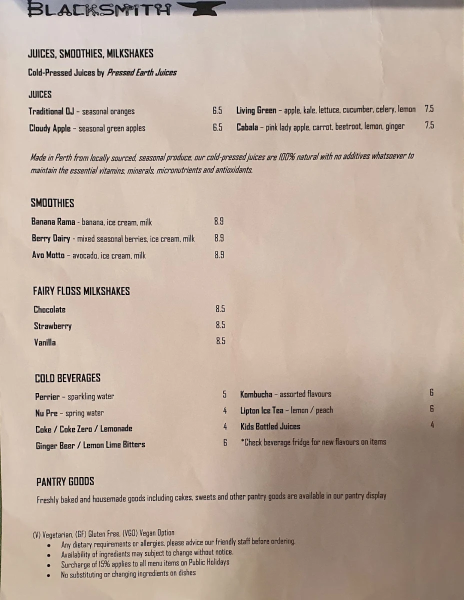 Menu, Blacksmith Highgate