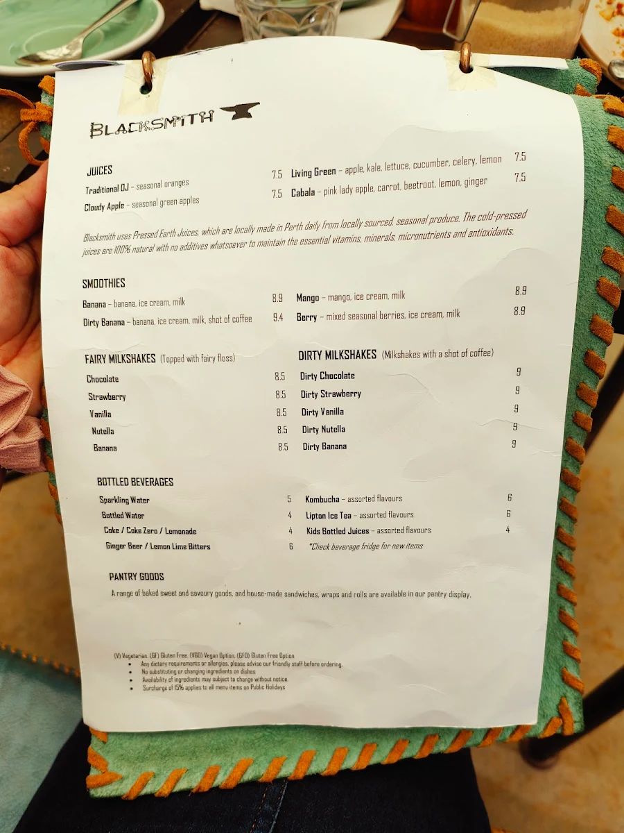 Menu, Blacksmith Highgate