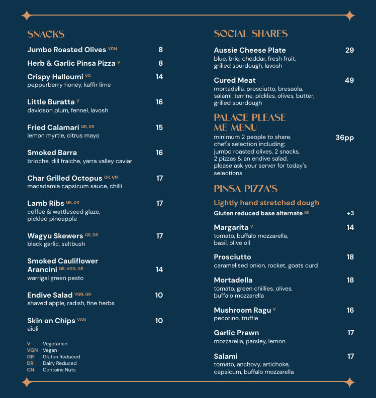 Menu, Palace Hotel