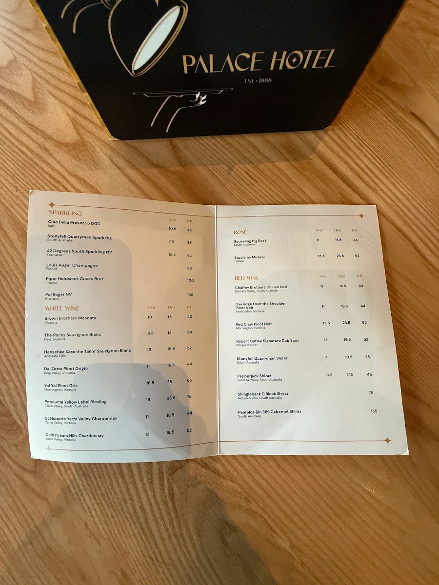Menu, Palace Hotel