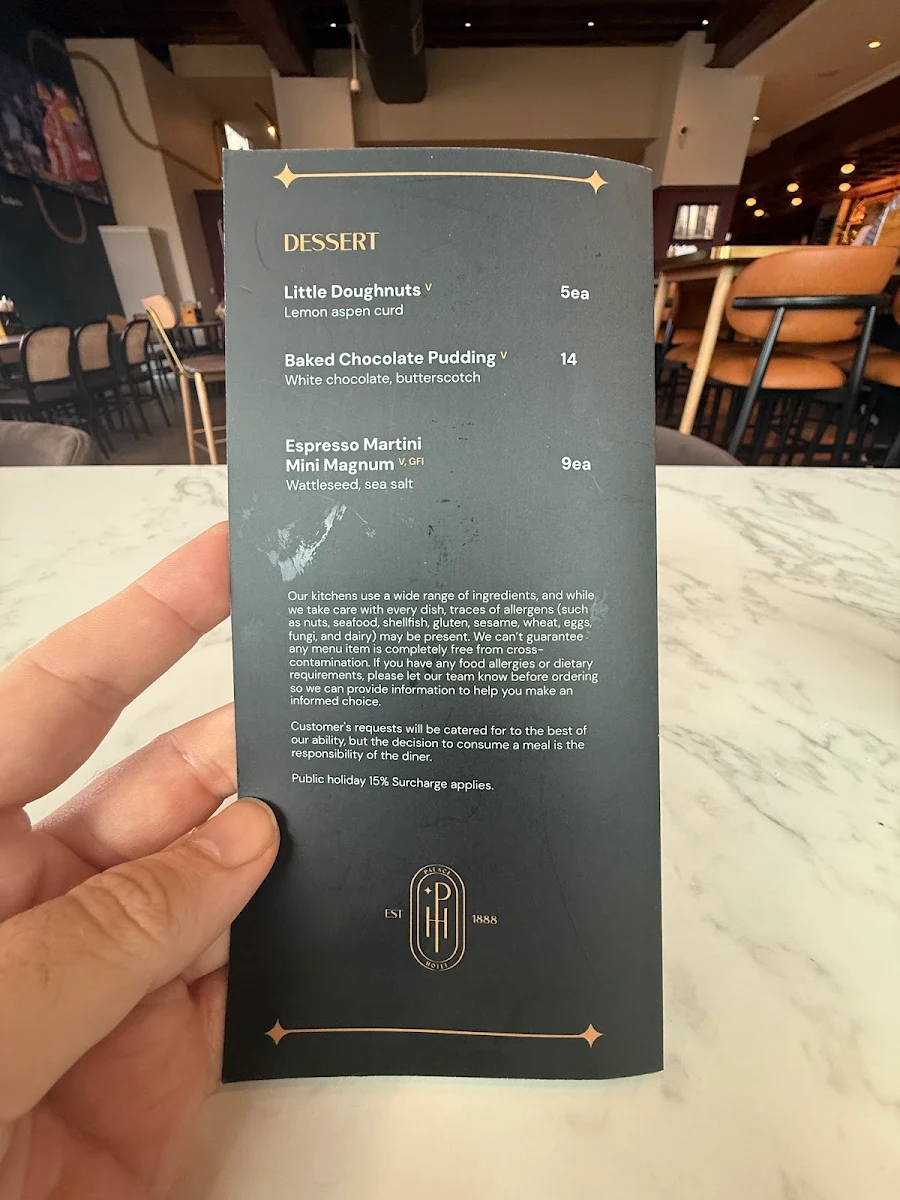 Menu, Palace Hotel