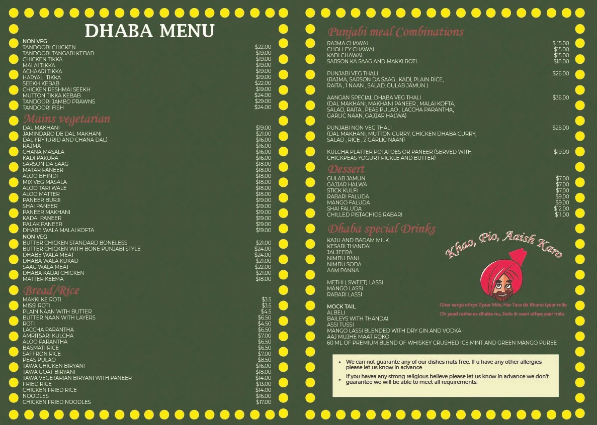 Menu, Aangan Keilor Indian Restaurant