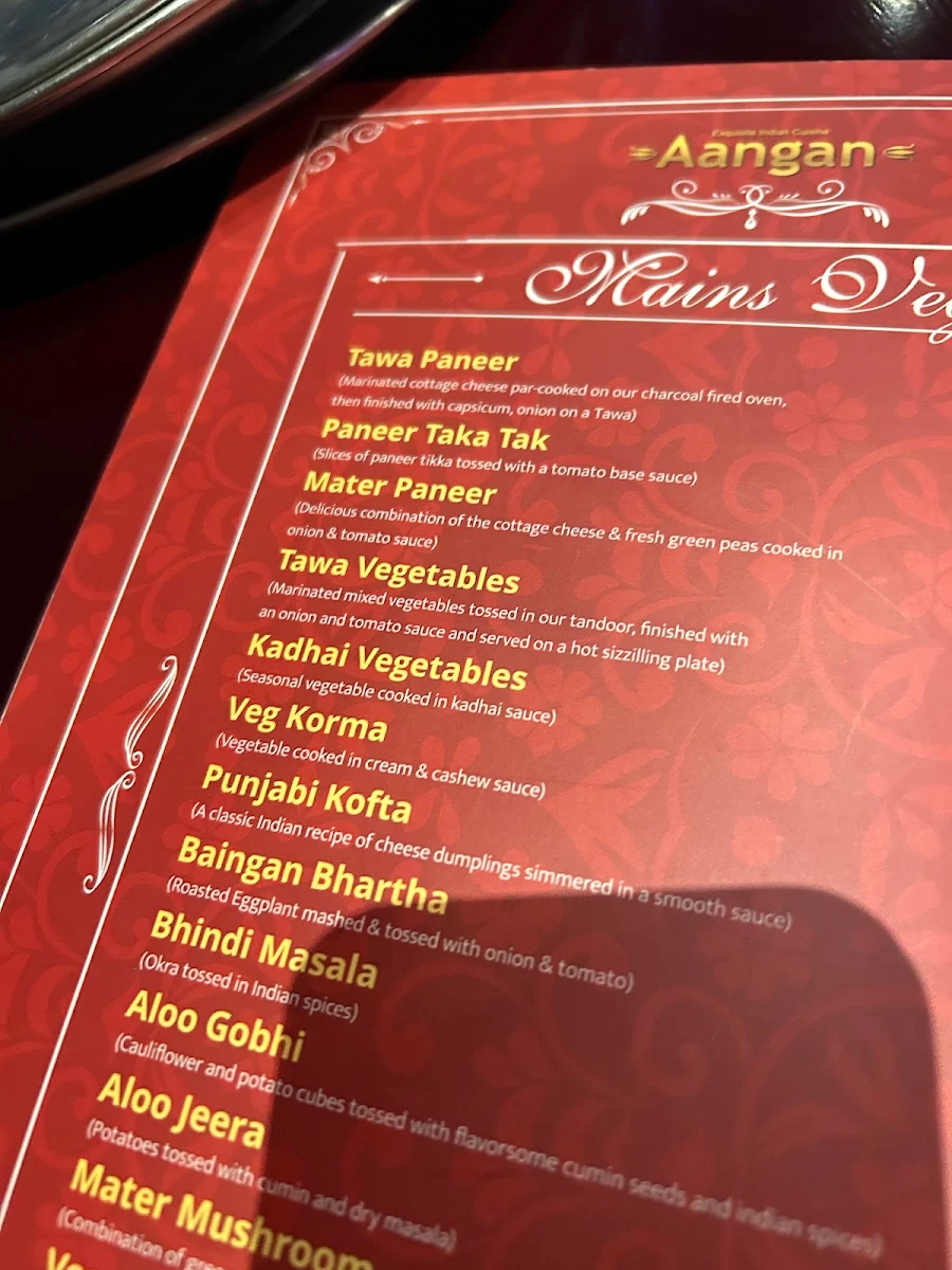 Menu, Aangan Keilor Indian Restaurant