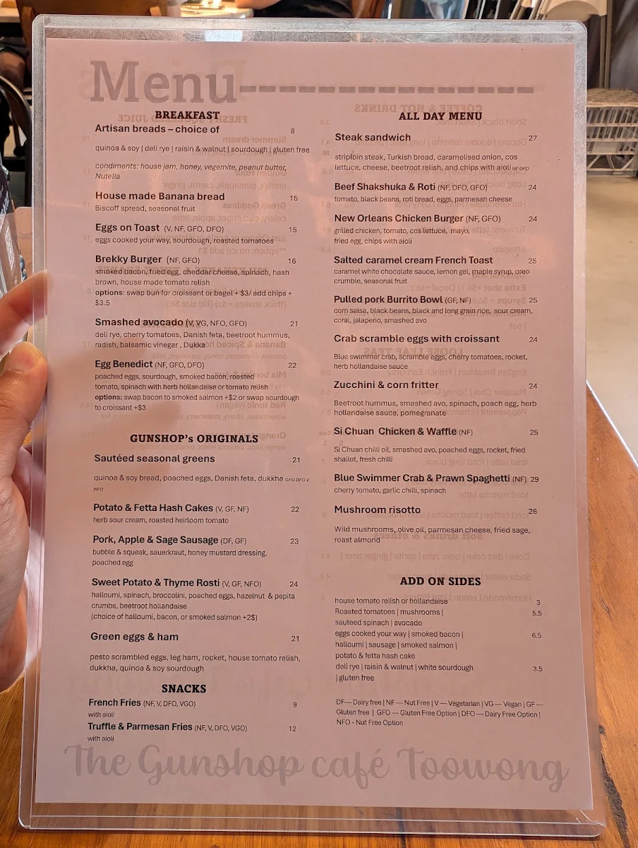 Menu, The Gunshop Cafe