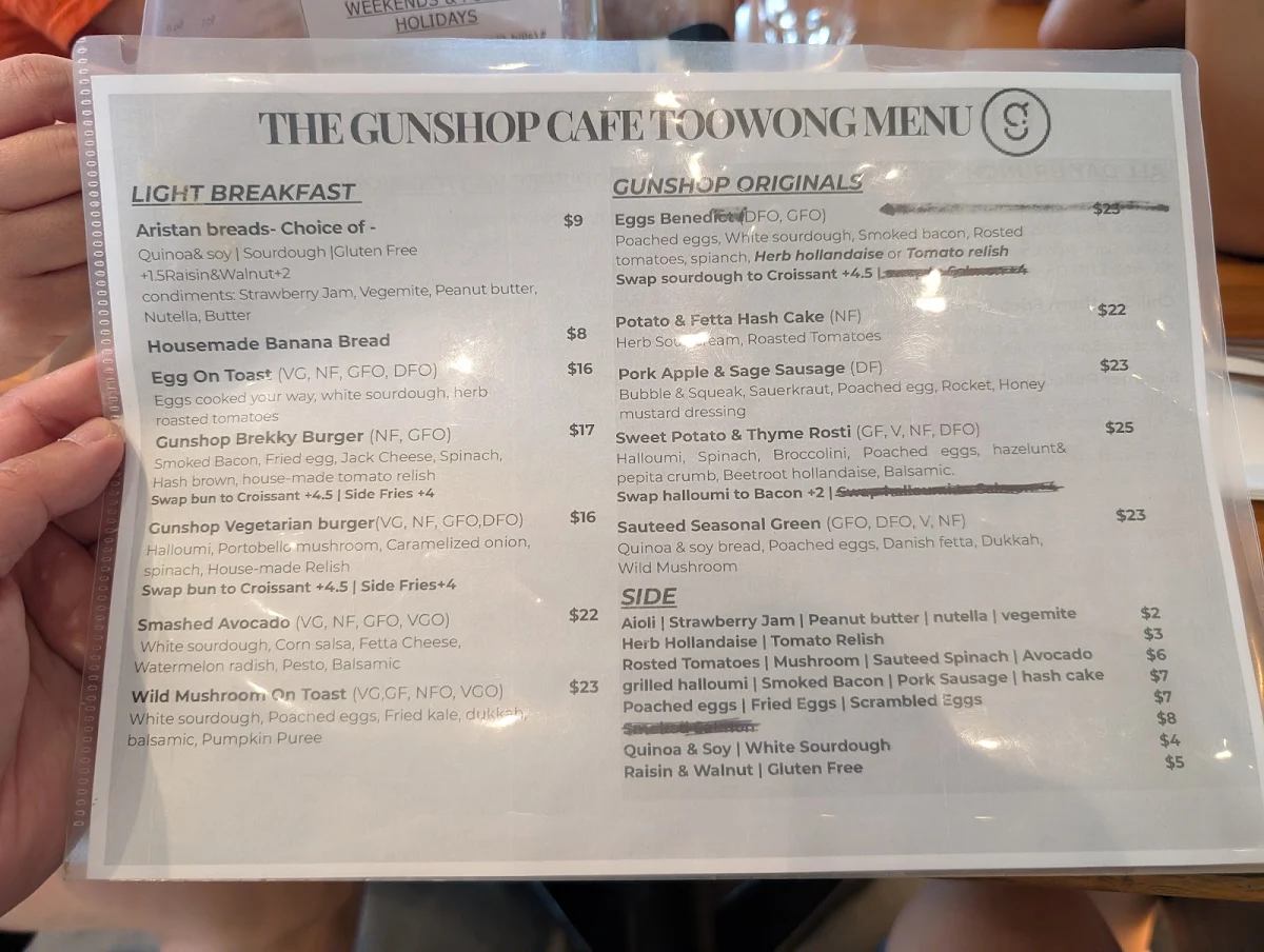 Menu, The Gunshop Cafe