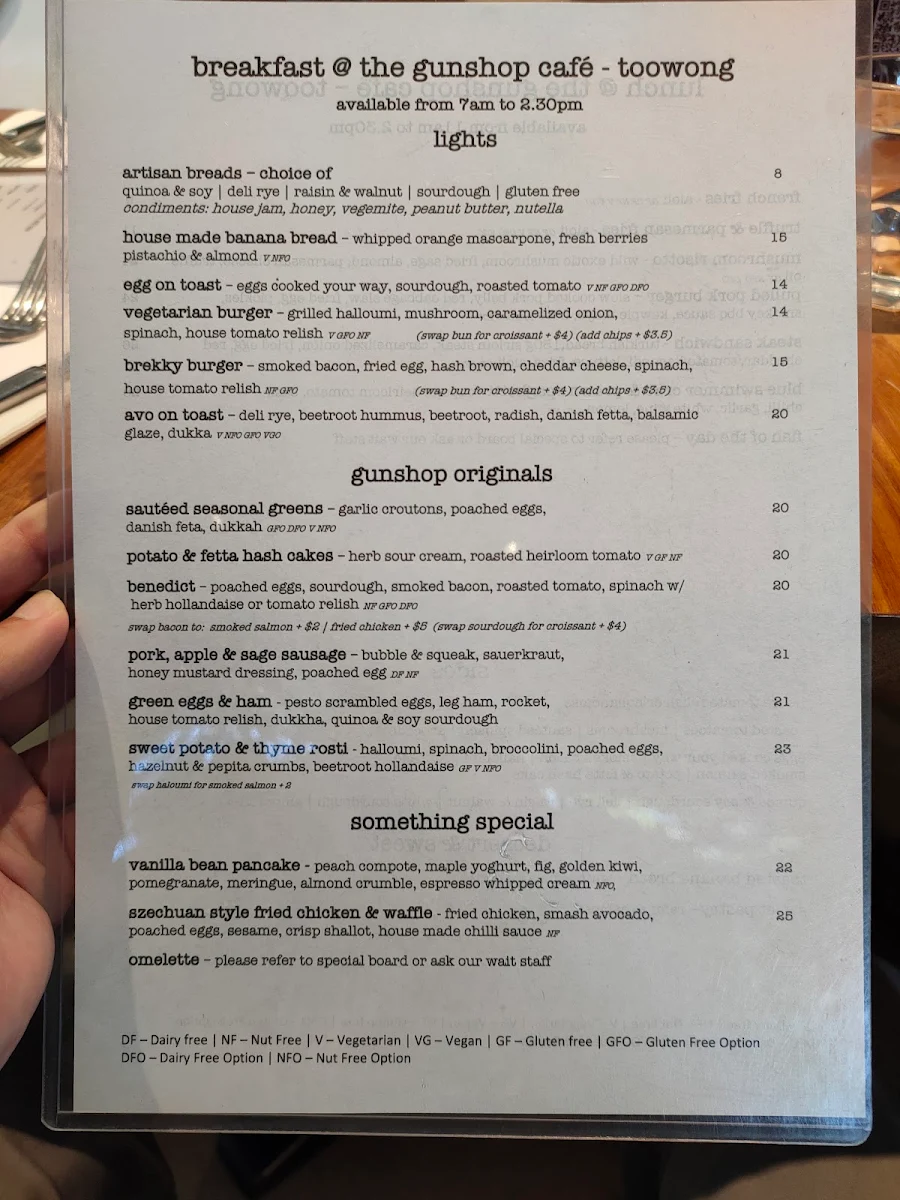 Menu, The Gunshop Cafe