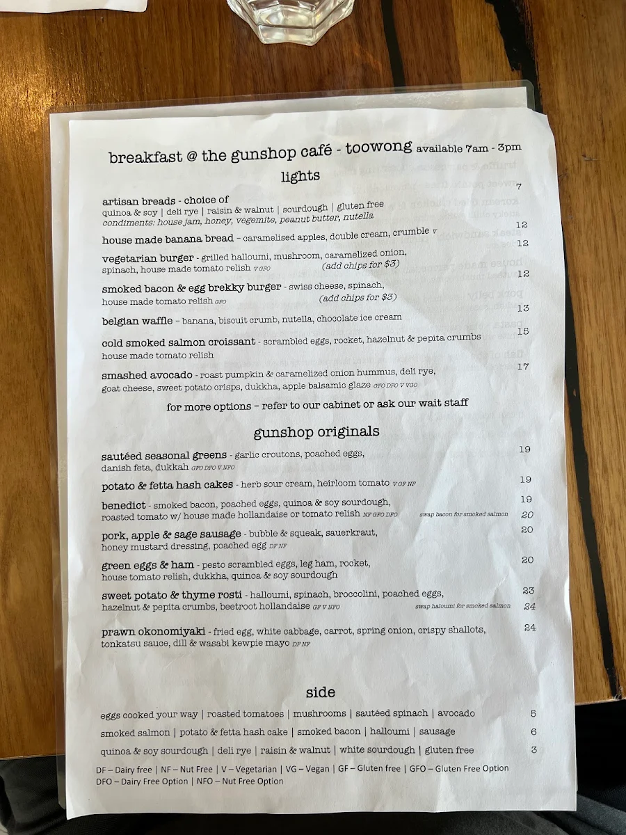 Menu, The Gunshop Cafe