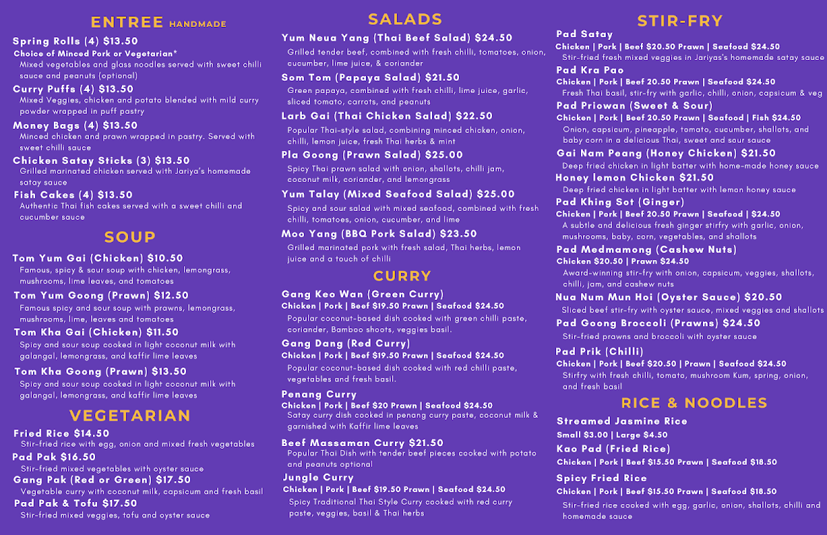 Menu, Jariya's Thai Takeaway