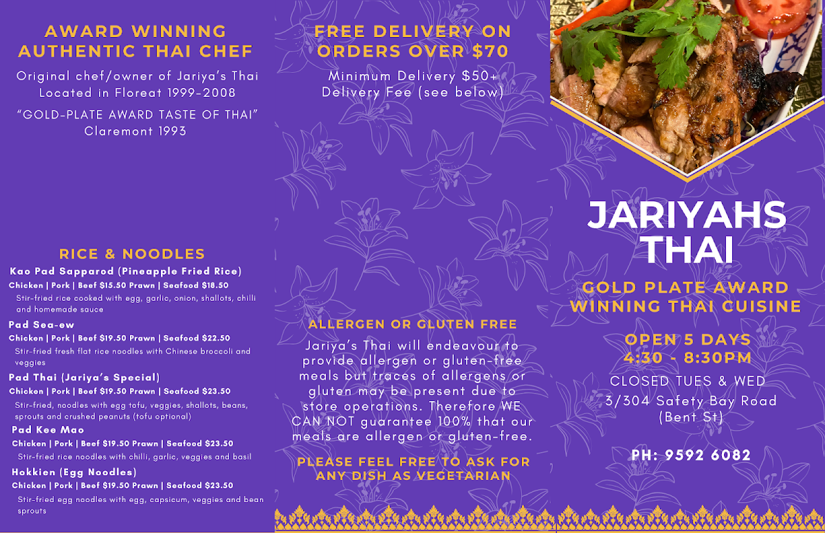 Menu, Jariya's Thai Takeaway