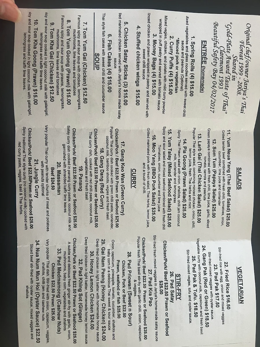 Menu, Jariya's Thai Takeaway