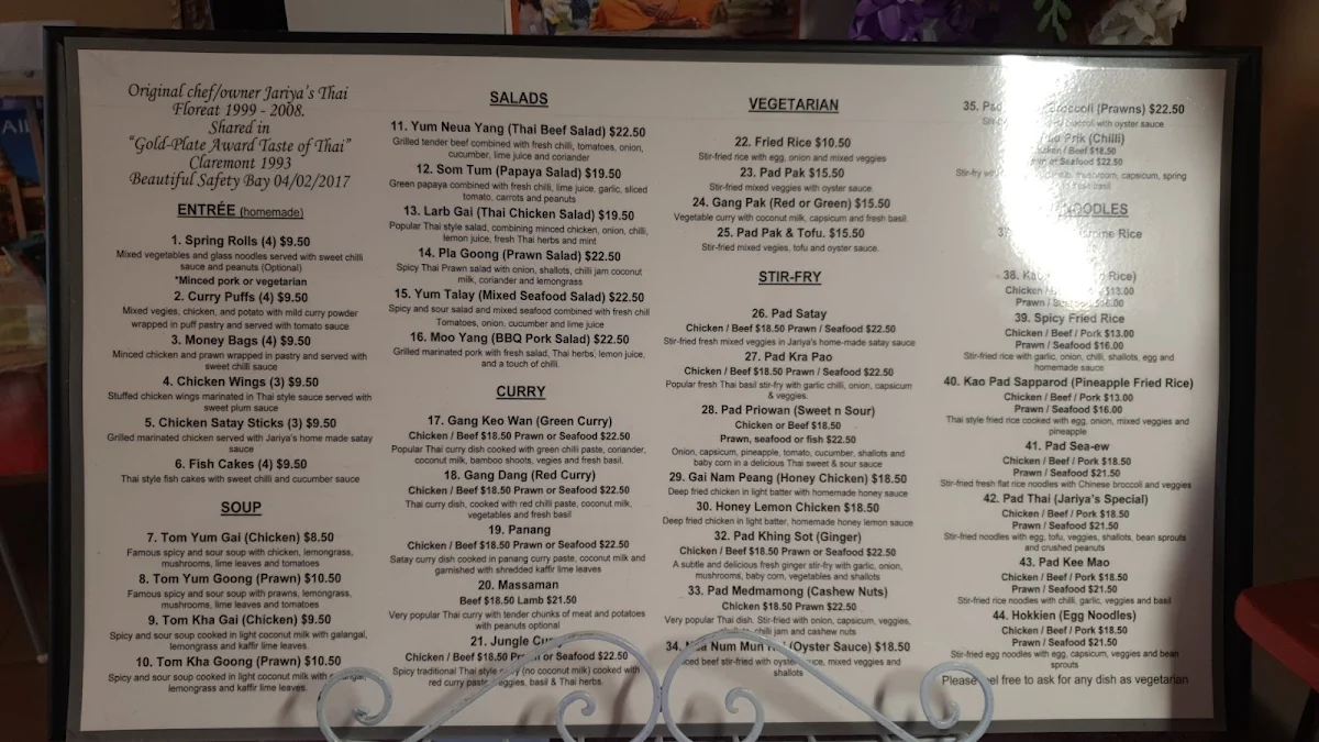 Menu, Jariya's Thai Takeaway