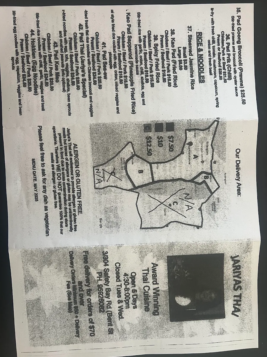 Menu, Jariya's Thai Takeaway