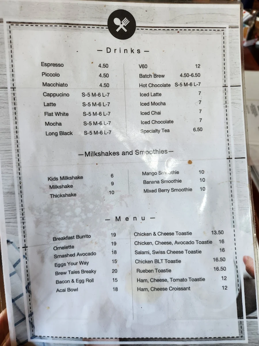 Menu, Brew Tales Wickham