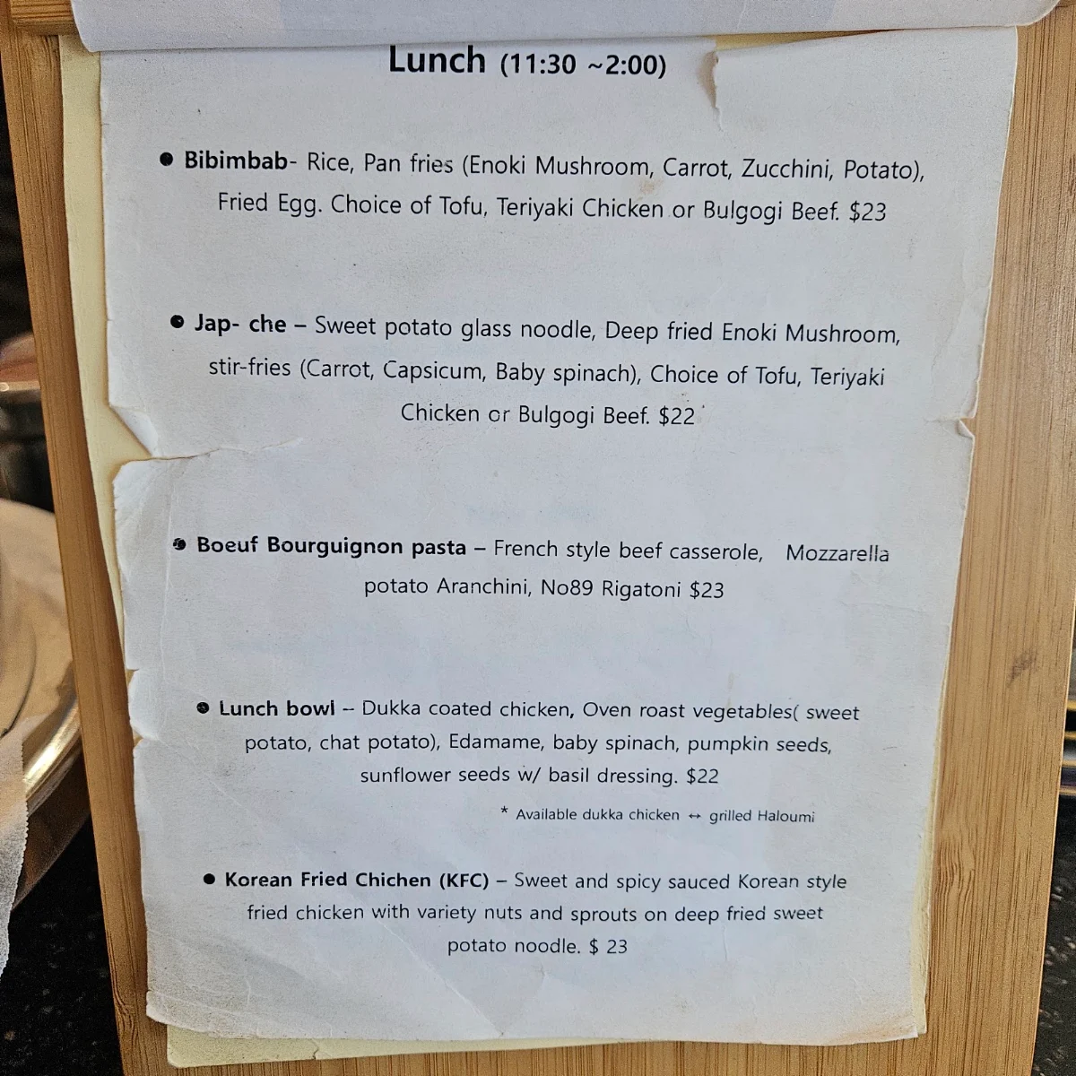Menu, Heimish bleu cafe