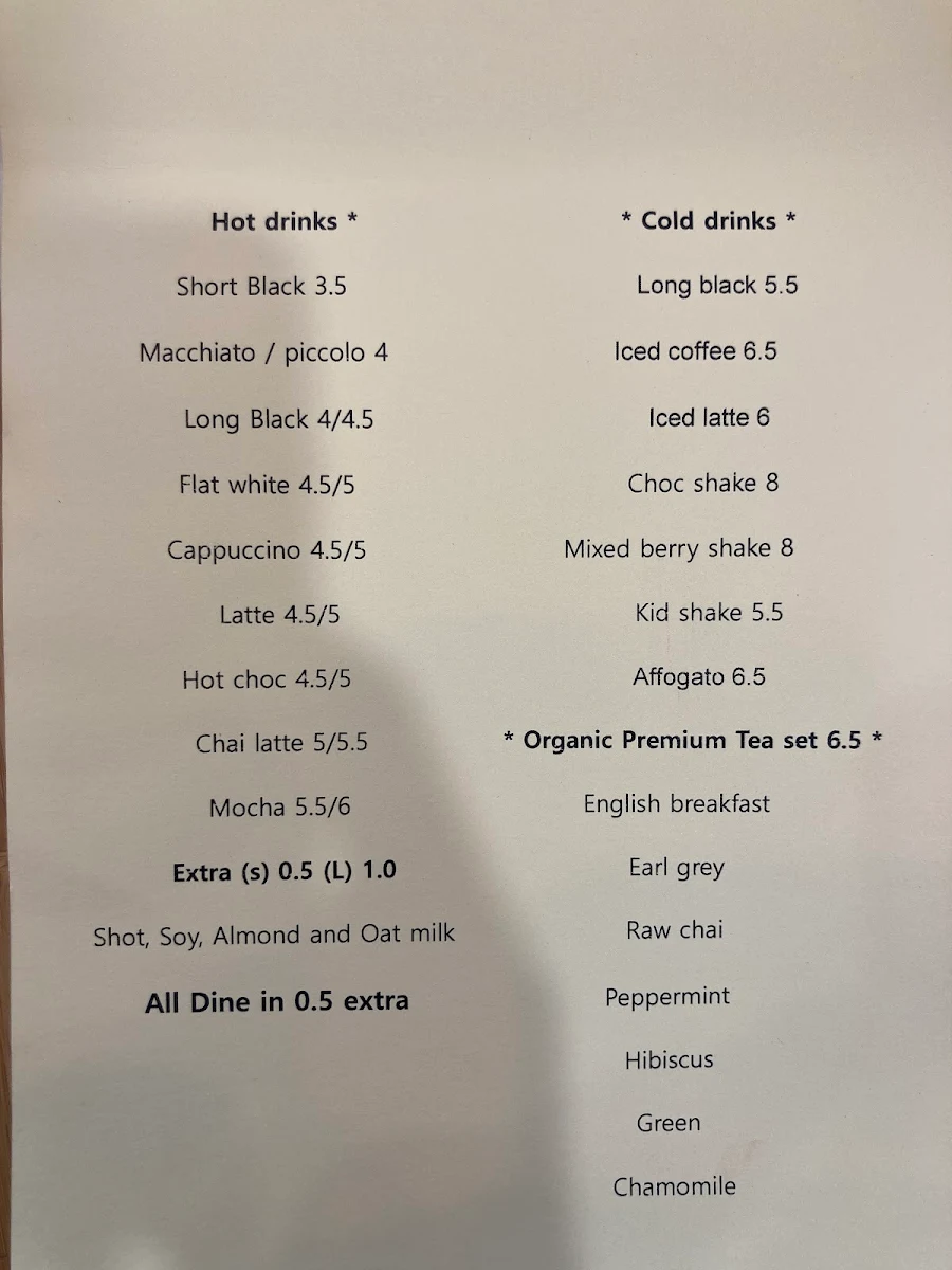 Menu, Heimish bleu cafe