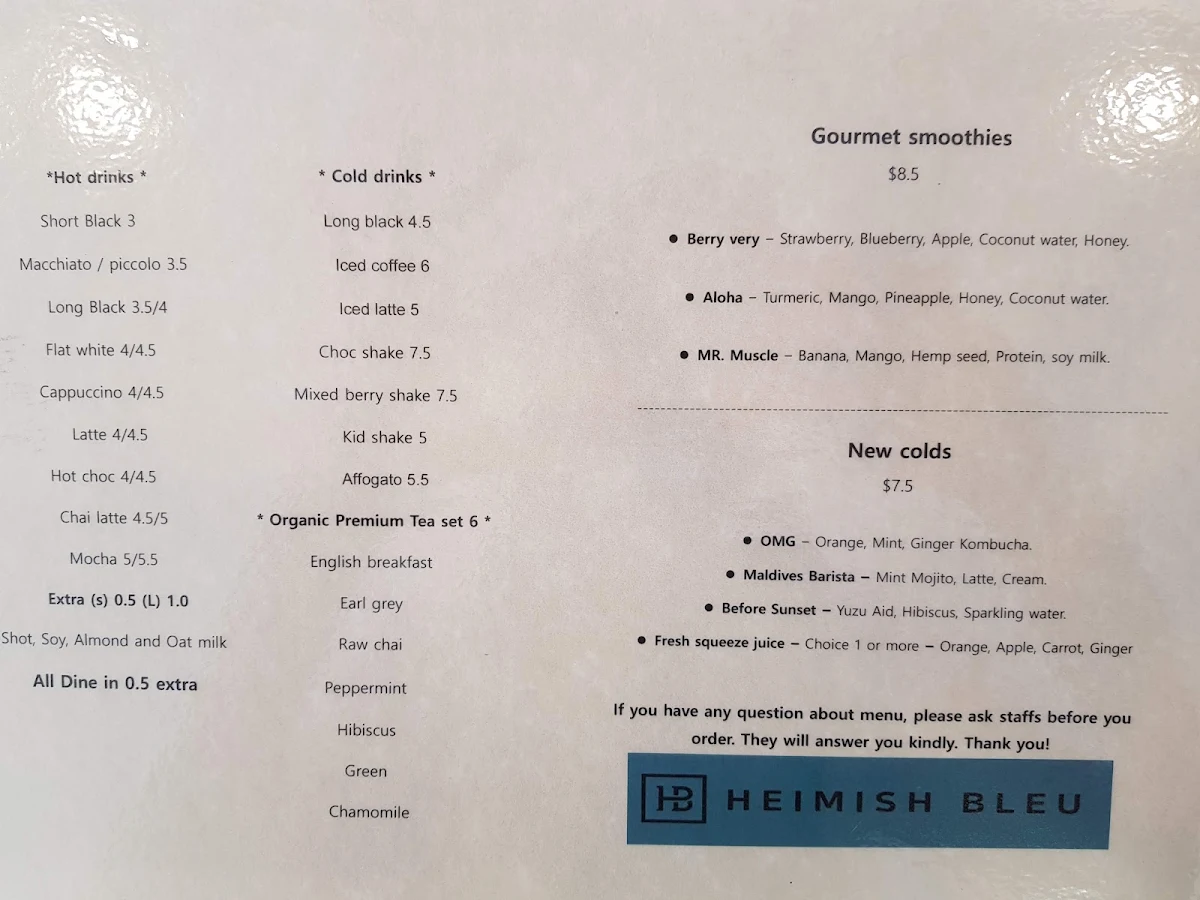Menu, Heimish bleu cafe
