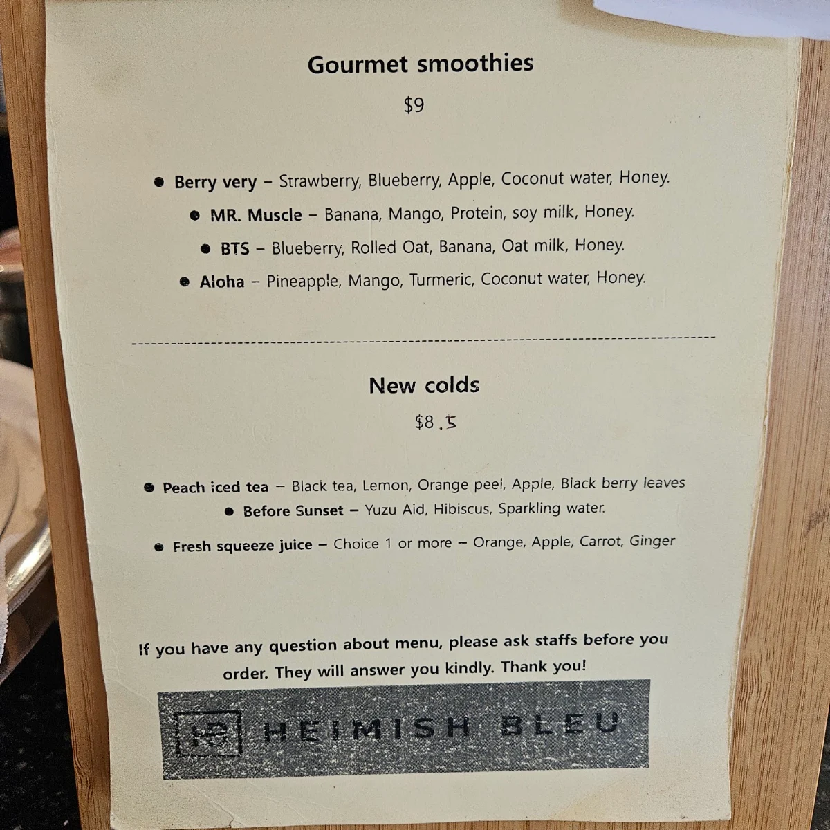 Menu, Heimish bleu cafe