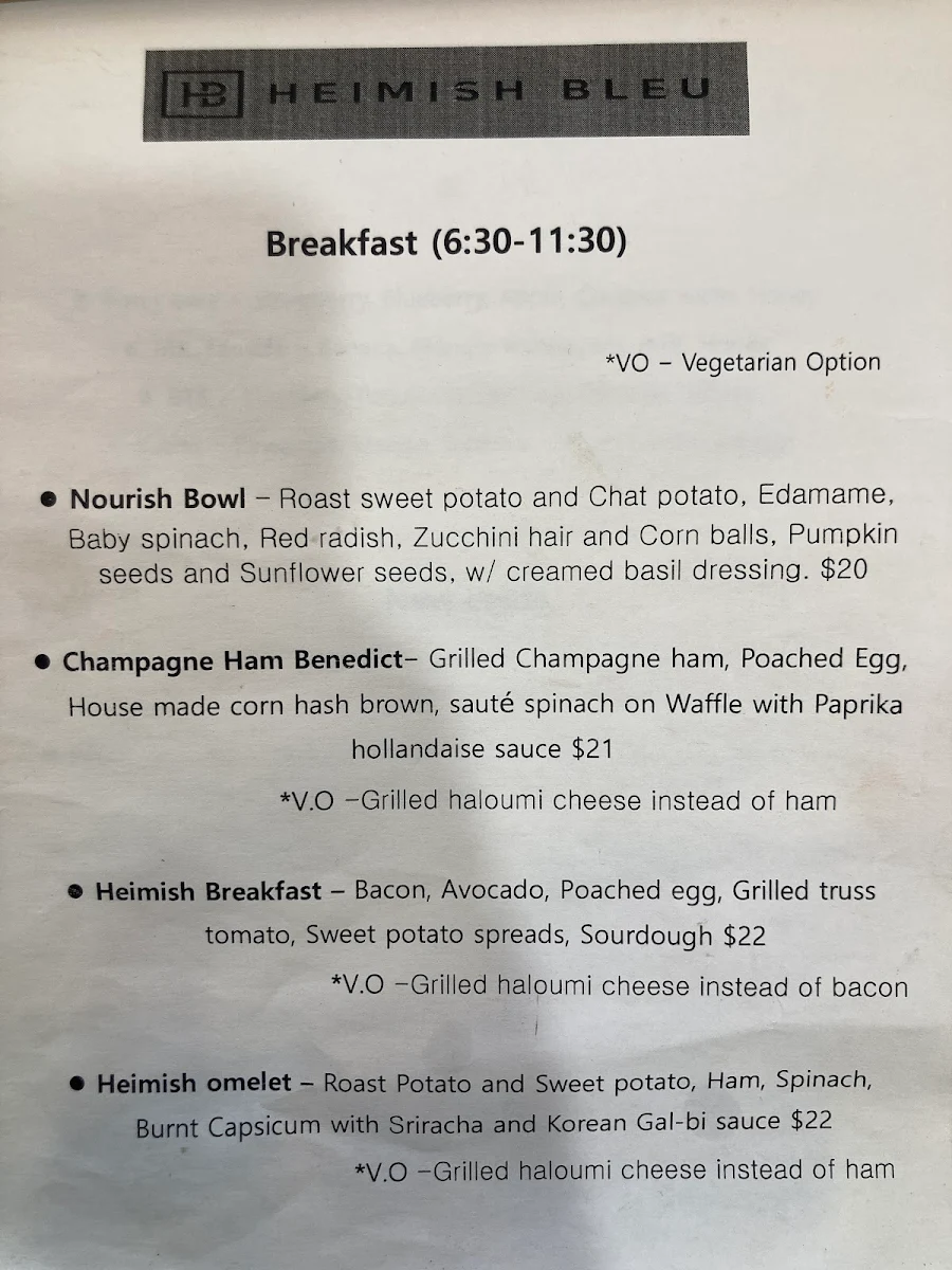 Menu, Heimish bleu cafe