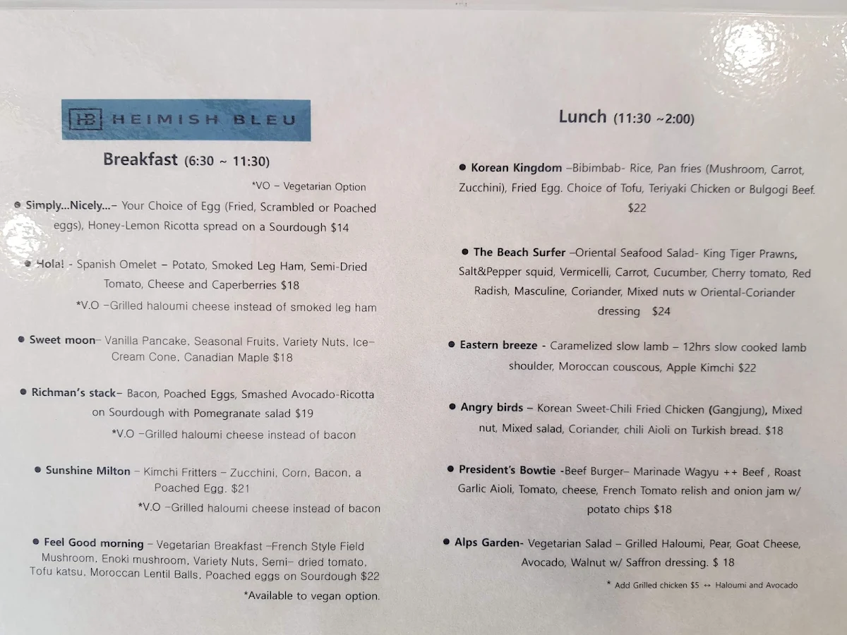 Menu, Heimish bleu cafe
