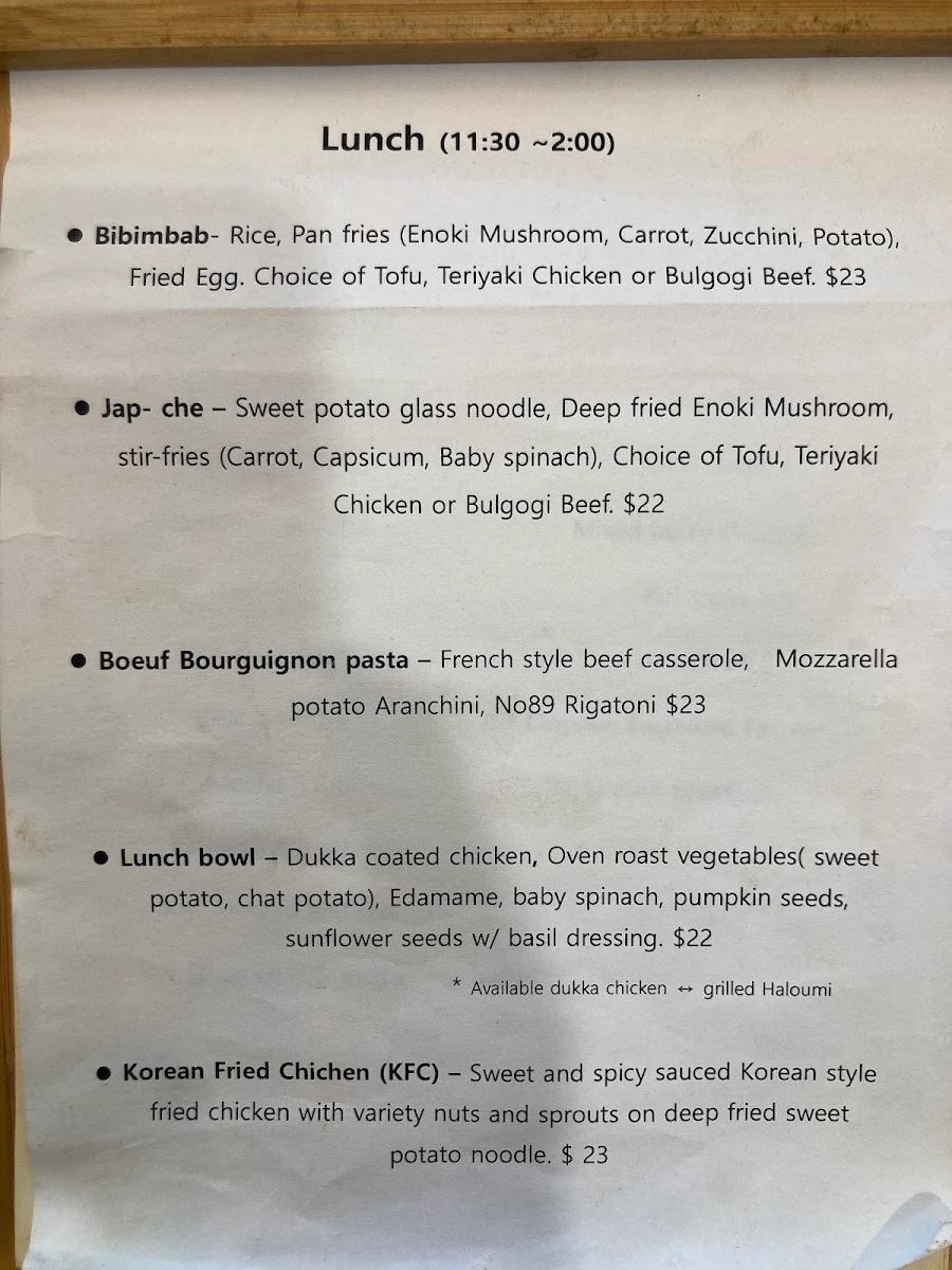 Menu, Heimish bleu cafe