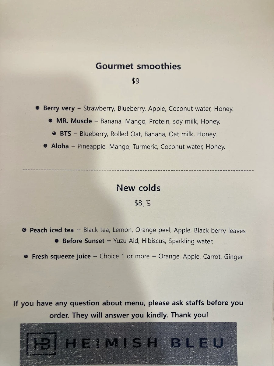 Menu, Heimish bleu cafe