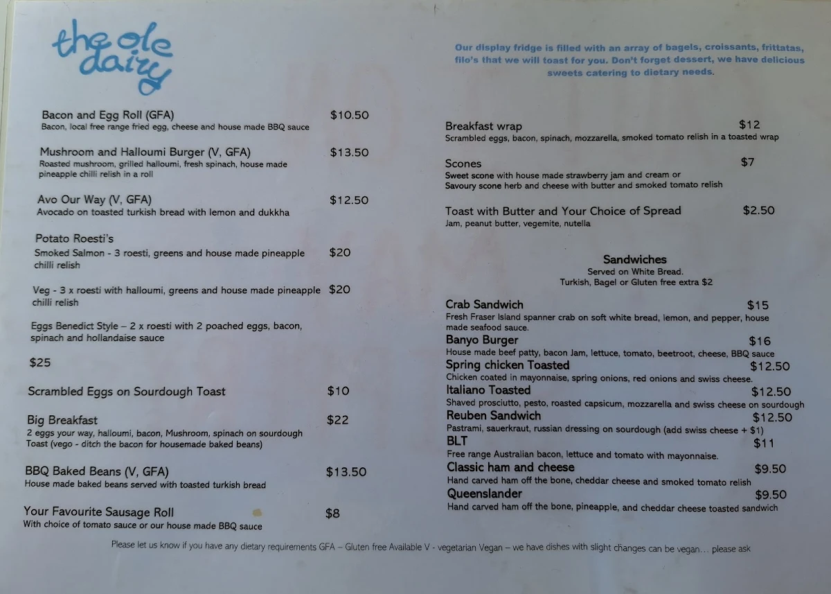 Menu, The Ole Dairy