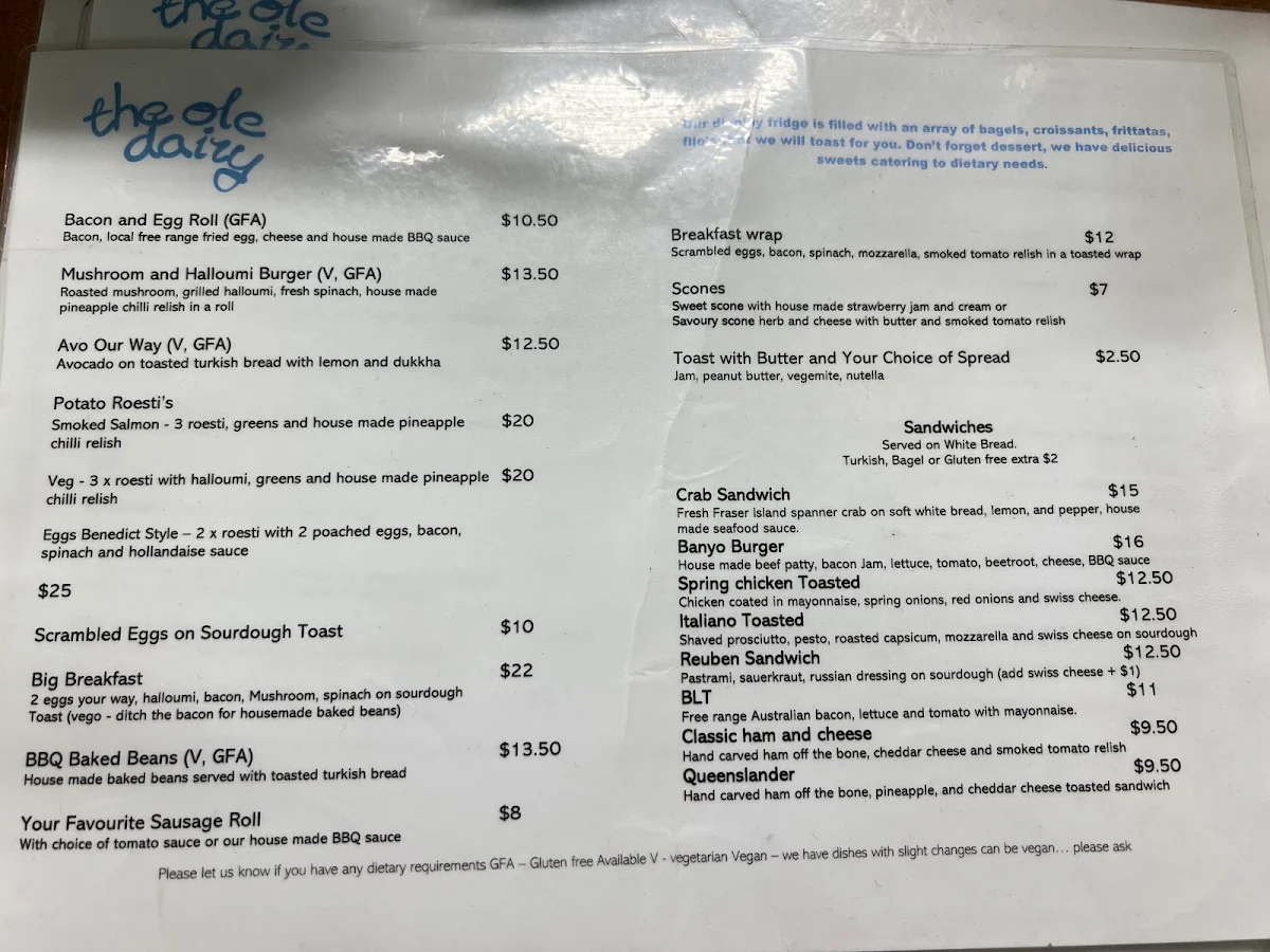 Menu, The Ole Dairy