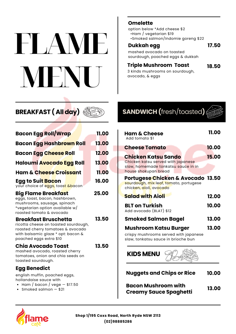Menu, Flame Cafe North Ryde